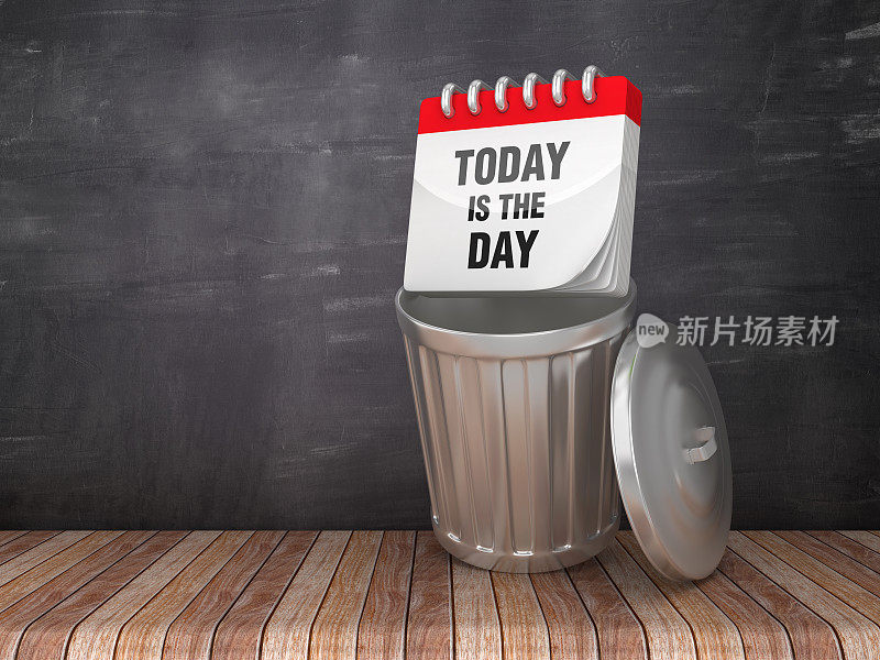 垃圾桶与今天是一天日历在黑板上的背景- 3D渲染